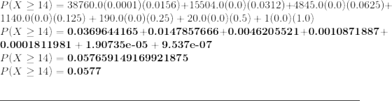 \\ P(X \ge 14) = 38760.0 (0.0001) (0.0156) + 15504.0 (0.0) (0.0312) + 4845.0 (0.0) (0.0625) + 1140.0 (0.0) (0.125) + 190.0 (0.0) (0.25) + 20.0 (0.0) (0.5) + 1 (0.0) (1.0) \\ P(X \ge 14) = \textbf{0.0369644165} + \textbf{0.0147857666} + \textbf{0.0046205521} + \textbf{0.0010871887} + \textbf{0.0001811981} + \textbf{1.90735e-05} + \textbf{9.537e-07} \\ P(X \ge 14) = \textbf{0.057659149169921875} \\ P(X \ge 14) = \textbf{0.0577} \\ \par\noindent\rule{\textwidth}{0.4pt}