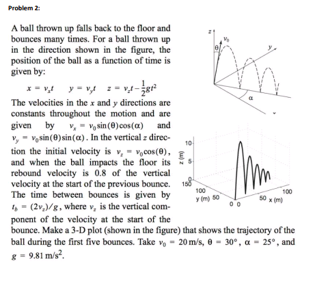 Problem 2 A ball thrown up falls back to the floor and bounces many times. For a ball thrown up in the direction shown in the figure, position of the ball as a function of time is given by: the The velocities in the x and y directions are constants throughout the motion and are given byo sin ()cosa) and ysin ()sin(a). In the vertical z direc- tion the initial velocity is v, = cos(9), and when the ball impacts the floor its 5 rebound velocity is 0.8 of the vertical velocity at the start of the previous bounce. 1 The time between bounces is given by 4-( ponent of the velocity at the start of the bounce. Make a 3-D plot (shown in the figure) that shows the trajectory of the ball during the first five bounces. Take vo = 20 m/s, θ = 30°, α = 25°, and g 9.81 m/s2 100 100 (m) y(m) 50 50 2%)/g, where v, is the vertical com-