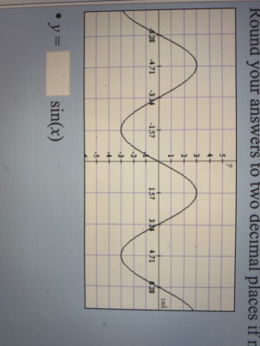 Round your answers to two decimal places ifr 5 4 3+ 2+ 1 rad -628 -4.71 -3.14 -157 157 3.N 471 28 -3 y = sin(x)