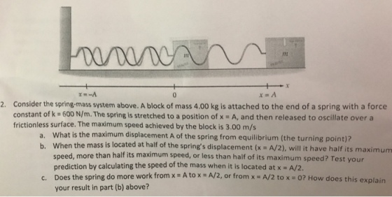inn rim 0 x=A Consider the spring-mass system above. A block of mass 4.00 kg is attached to the end of a spring with a force constant of k = 600 N/m. The spring is stretched to a position of x A, and then released to oscillate over a frictionless surface. The maximum speed achieved by the block is 3.00 m/s 2. a. What is the maximum displacement A of the spring from equilibrium (the turning point)? b. When the mass is located at half of the springs displacement (x s A/2), will t have half its maximum speed, more than half its maximum speed, or less than half of its maximum speed? Test your prediction by calculating the speed of the mass when it is located at x - A/2. Does the spring do more work from x = A to x-A/2, or from x = A/2 to x = 0? How does this explain your result in part (b) above? c.