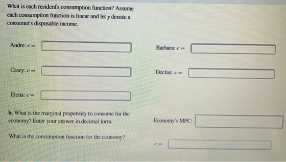 What is cach residents consumption function? Assume each consumption function is linear and let y denote a consumers dispos