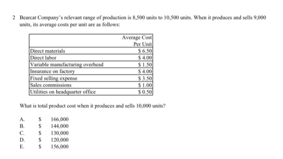 2 Bearcat Companys relevant range of production is 8,500 units to 10,500 units. When it produces and sells 9,000 units, its
