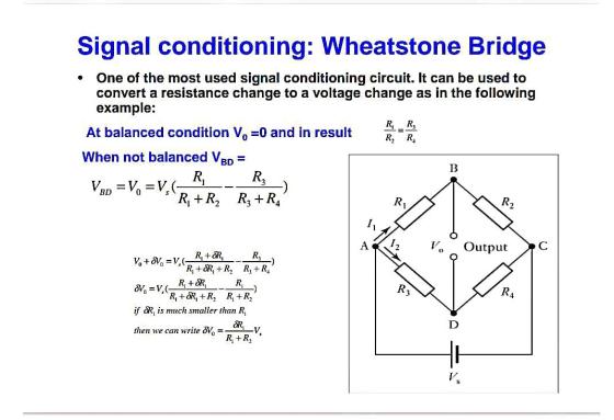 Signal conditioning: Wheatstone Bridge . One of the most used signal conditioning circuit. It can be used to convert a resist