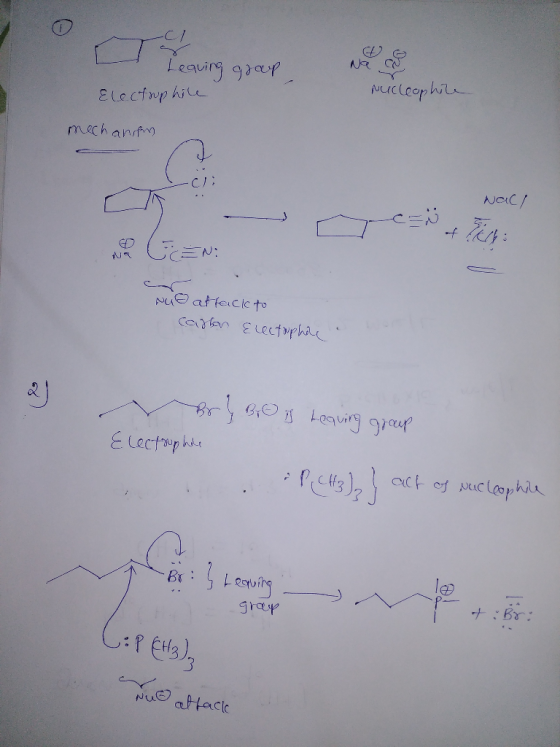 -cl Leaving group Electrophile Nucleophile mechanism Loli Nac/ c - CC + no (EN: Na attack to carbon Electaphore . Br} Bo is l