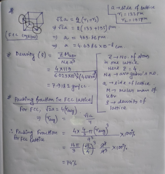 (fee crystal) atside of lattice 133 pm rza=q (ritra) r=195pm ſza = 2(133+195)pm a = 463.86pm. > a = 4.6386810-8 en. Density (