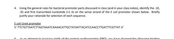 4. Using the general rules for bacterial promoter parts discussed in class (and in your class notes), identify the -10, -35 a