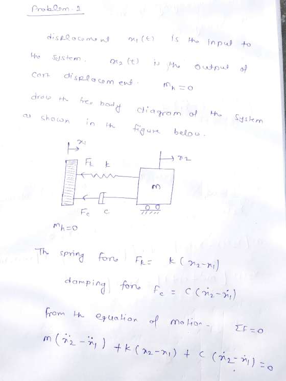 Problom - 2 disreocoment se (E) is the input to the system. Ma (t) is the output of cart displacem ent. mn=o draw the free bo