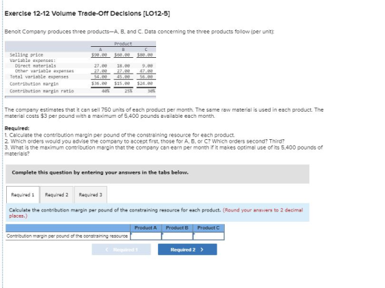 Exercise 12-12 Volume Trade-Off Decisions [LO12-5) Benoit Company produces three products-A. B. and C. Data concerning the th