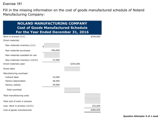 Exercise 181 Fill in the missing information on the cost of goods manufactured schedule of Noland Manufacturing Company: NOLA