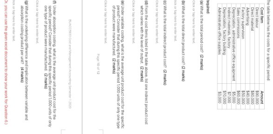 The table below has the costs for a specific period: Cost Item Direct labour Direct material Advertising Factory supervision