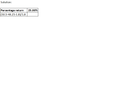 Solution: 25.00% Percentage return (50.5-48.25-1.8)/1.8