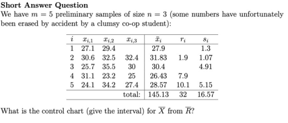 Short Answer Question We have m = 5 preliminary samples of size n 3 (some numbers have unfortunately been erased by accident