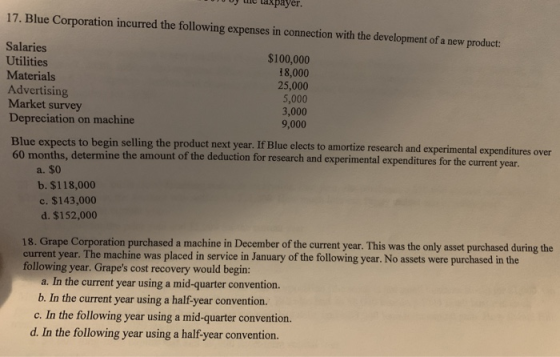 axpayer. 17. Blue Corporation incurred the following expenses in connection with the development of a new product: Salaries $