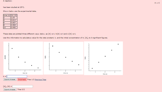 A reaction: A. has been studied at 25°C. Shown below are the experimental data. 1.04 0.667 0.565 These data are plotted three different ways, below, as [A] vs t, In[A] vs t and 1/[A] vs t. Use this information to calculate a value for the rate constant, k, and the initial concentration of A, [Alo to 3 significant figures ime () ime(s time (s) Submit Answer Incorrect. Tries 1/2 Previous Tries [A]0 (M) = Submit Answer Tries 0/2