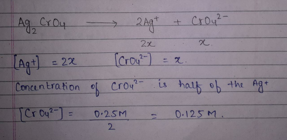 - Ag Croy - 2Ag+ + Croy - 2x x. [Ag +) = 2x [Crow?) = x. Concentration of croy?- is half of the Ag+ [Cr Ou 2-] = 0.25M - 0.12