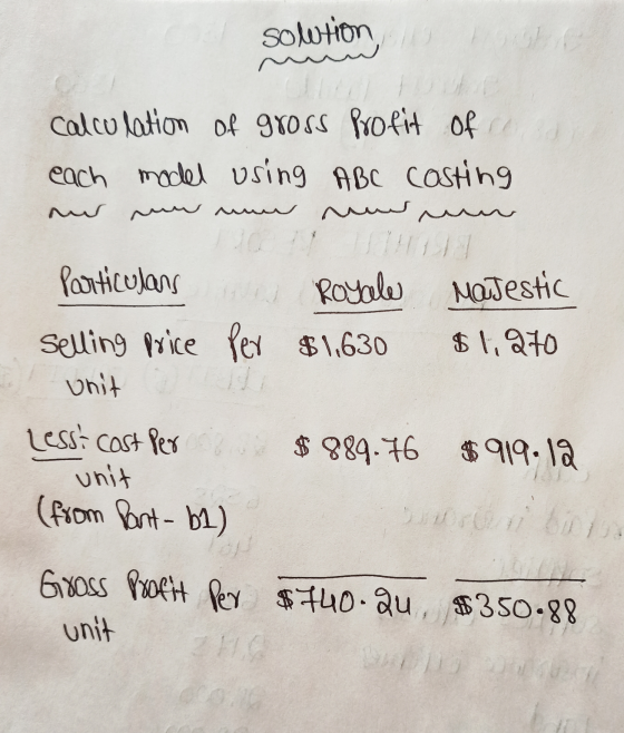 solution calculation of gross profit ofre each model using ABC costing me mw mun numun Royale $1,630 Majestic $1,870 Particul
