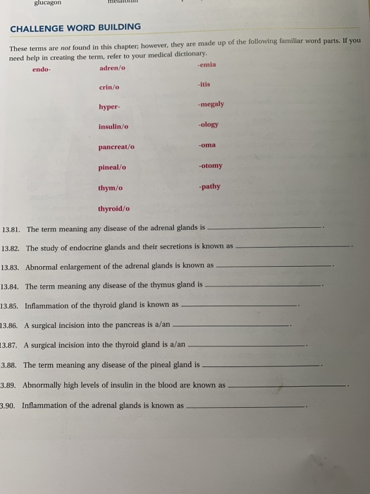 glucagon CHALLENGE WORD BUILDING These terms are not found in this chapter; however, they are made up of the following famili