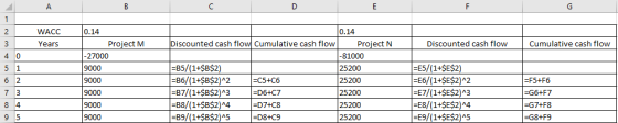 A В C. D Е F G 1 0.14 0.14 Discounted cash flow Cumulative cash flow 2 WACC Project N Cumulative cash flow Discounted cash fl