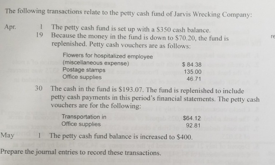 The following transactions relate to the petty cash fund of Jarvis Wrecking Company: Apr. 1 19 The petty cash fund is set up