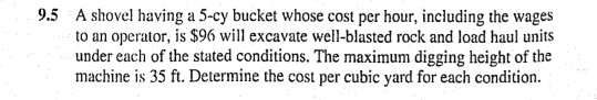9.5 A shovel having a 5-cy bucket whose cost per hour, including the wages to an operator, is $96 will excavate well-blasted