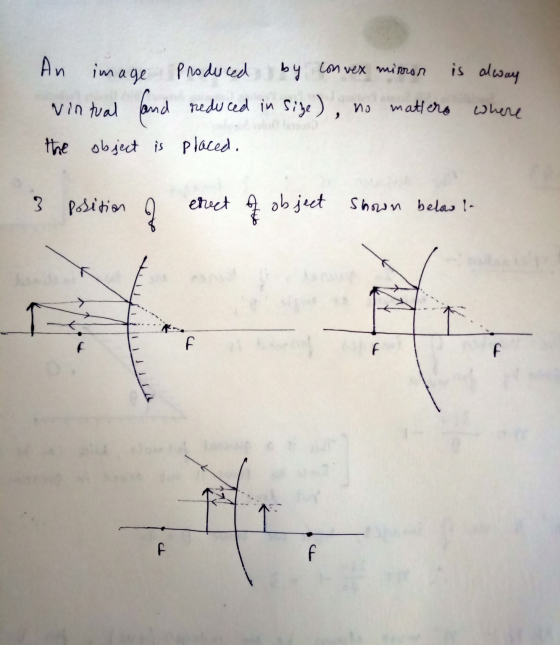 An image Produced by convex mirror is alway virtual (and reduced in size), no matters where the object is placed. 3 position