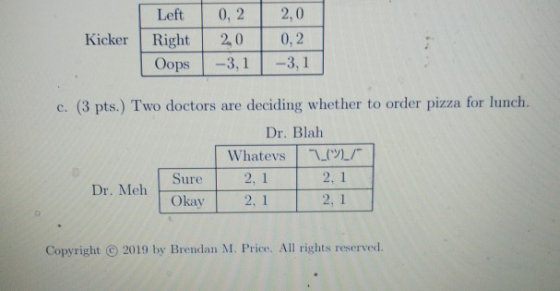 2,0 Left 0, 2 Kicker Right 20 0,2 -3, 1 -3, 1 Oops c. (3 pts.) Two doctors are deciding whether to order pizza for lunch. Dr.
