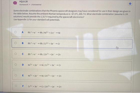HQ18.28 Homework • Unanswered Some electrode combinations that the Phoenix spacecraft designers may have considered for use i