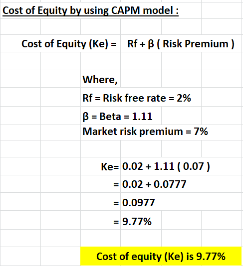 Cost of Equity by using CAPM model: Cost of Equity (Ke) = Rf+B ( Risk Premium) Where, Rf = Risk free rate = 2% B = Beta = 1.1