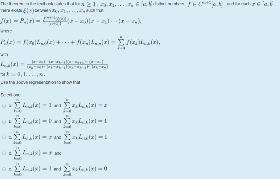 The theorem in the textbook states that for n > 1, 20, 21, ..., In € [a, b] distinct numbers, f e Cn+1[a,b], and for each x €