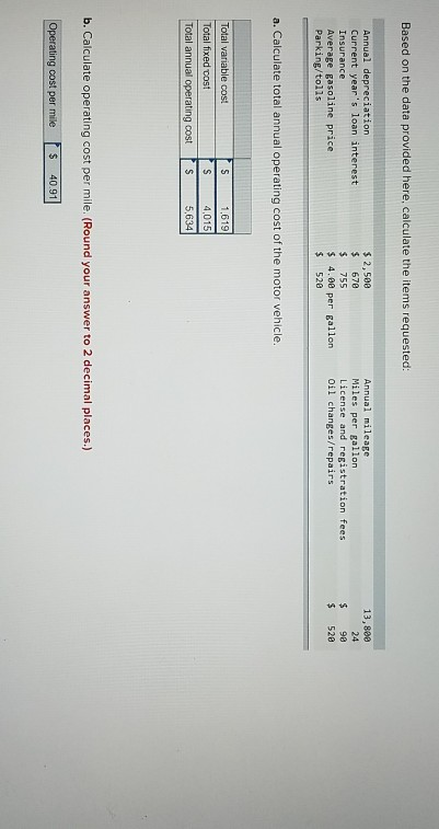 Based on the data provided here, calculate the items requested: 13,800 Annual depreciation Current years loan interest Insur