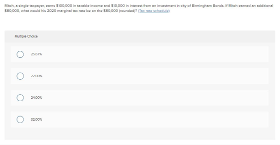Mitch, a single taxpayer, earns $100,000 in taxable income and $10,000 in interest from an investment in city of Birmingham B