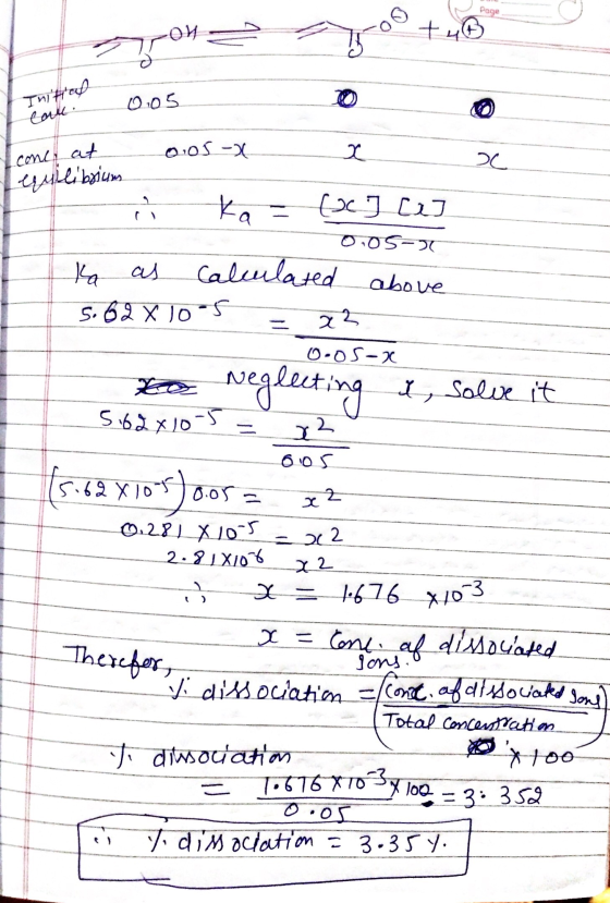 Page on +40 Inihag cale. 0.05 conc at 0.05 - x 20 equilibrium 옮 ka (2 ] [w 1 0.05-7 calculated above Ka as 5.62 x 10 5 - 2 2