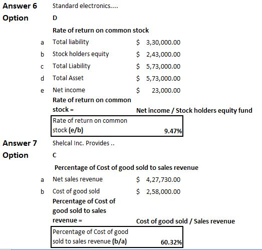 Standard electronics.... Answer 6 Option a b C d e Rate of return on common stock Total liability $ 3,30,000.00 Stock holders