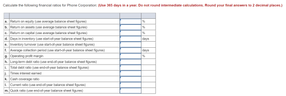 Calculate the following financial ratios for Phone Corporation: (Use 365 days in a year. Do not round intermediate calculatio