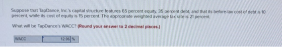 Suppose that TapDance, Incs capital structure features 65 percent equity, 35 percent debt, and that its betfore-tax cost of