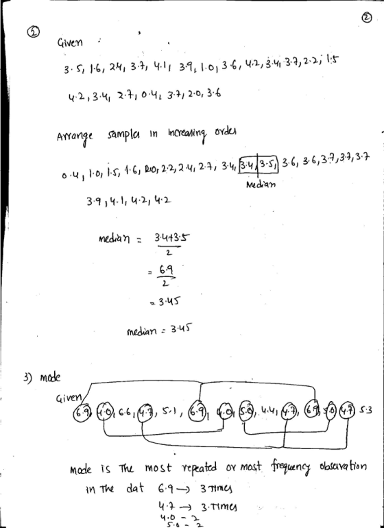 Given Arrange samplc n Increahing ondu Mdan 3.9 , ч.1, ч.2, 4.2 Medan 34+3-s =69 median - 345 3) mcde Qiven S, 6.1 v.y S-3 made 1S The Most repated ox most fequncy eien in The dat 6.9→ 3mag ㄐ˙ → 3.ttmu 4-0-2 S.6