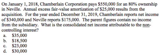 On January 1, 2018, Chamberlain Corporation pays $550,000 for an 80% ownership in Neville. Annual excess fair-value amortizat