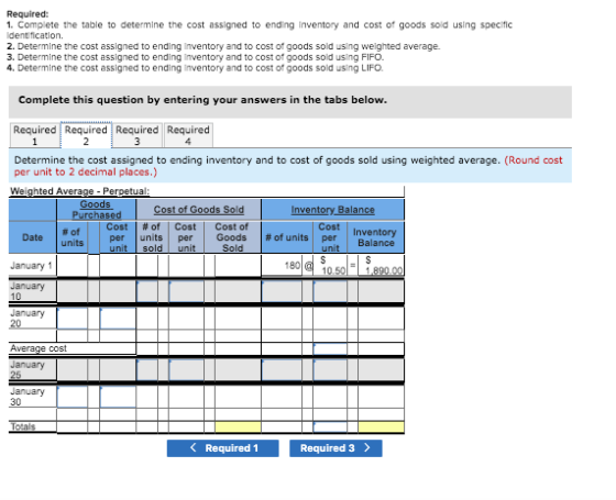 Required: 1. Complete the table to determine the cost assigned to ending inventory and cost of goods sold using specific Iden