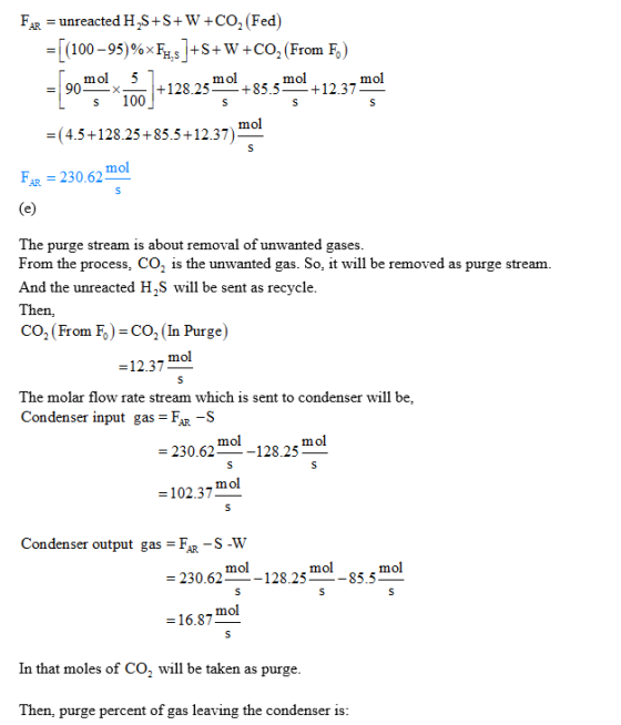 Far = unreacted H2S+S+W+CO, (Fed) =[(100–95)%xFx;s]+S+W+CO, (From F,) = 20 mol 160] +12825 mol + 85 s ml +12.37 mal =(4.5+128