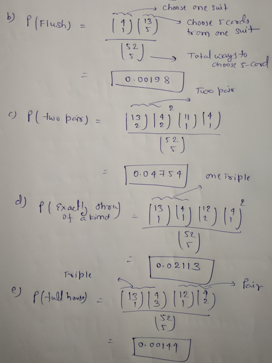 » b) P(Flush) = P Flush) = 141/13 Choose one suit Choose & cards from one suit - Total ways to choose 5-Cord 10.00198 0.00198