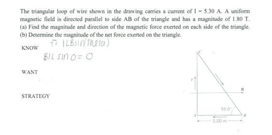 Image for The triangular loop of wire shown in the drawing carries a current of I = 5.30 A. A uniform magnetic field is