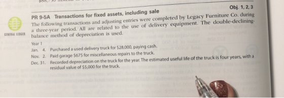 $86, JUL GENERAL LEDGER Obj. 1, 2, 3 PR 9-5A Transactions for fixed assets, including sale The following transactions and adj