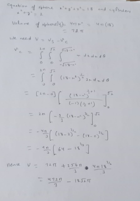 equation of sphere xtg + 2 = 18 and cylinder Volume of sphere (us) YTTRE 4T (18) = 72 T we need v usvc w 21 dzdado -518-n. 20