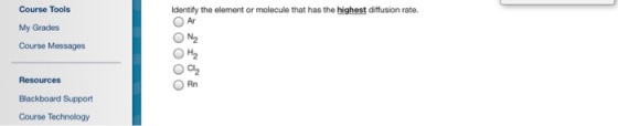 Course Tools My Grades Course Messages dentify the element or molecule that has the highest diffusion rate. ON2 Resources Blackboard Support Course Technology