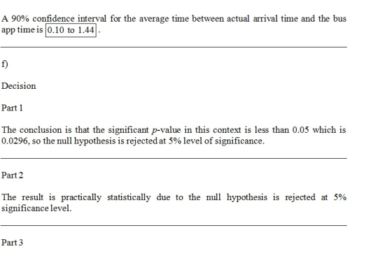 A 90% confidence interval for the average time between actual arrival time and the bus app time is 0.10 to 1.44. Decision Par