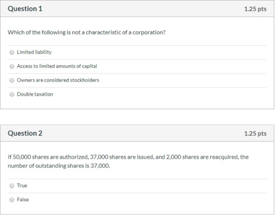 Question 1 1.25 pts Which of the following is not a characteristic of a corporation? Limited liability Access to limited amou