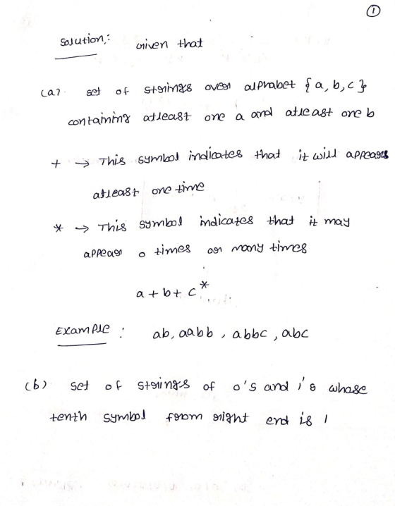 solution oriven that ca2 set of storings Over alphabet {a,b,c} containing atleast one a and atleast one b + This symbol indic