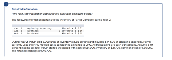 Required information [The following information applies to the questions displayed below.] The following information pertains