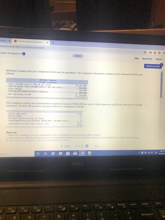 mecheducation. c o m OO work Augment Check my work completed its use of operations. The companys absorption costing income s