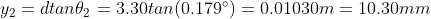 y_2= d tan\theta_2= 3.30tan(0.179^\circ)= 0.01030m= 10.30mm